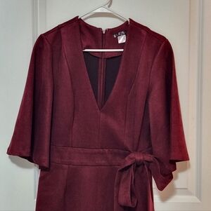 VENUS Burgundy Midi Dress with Bow Detail